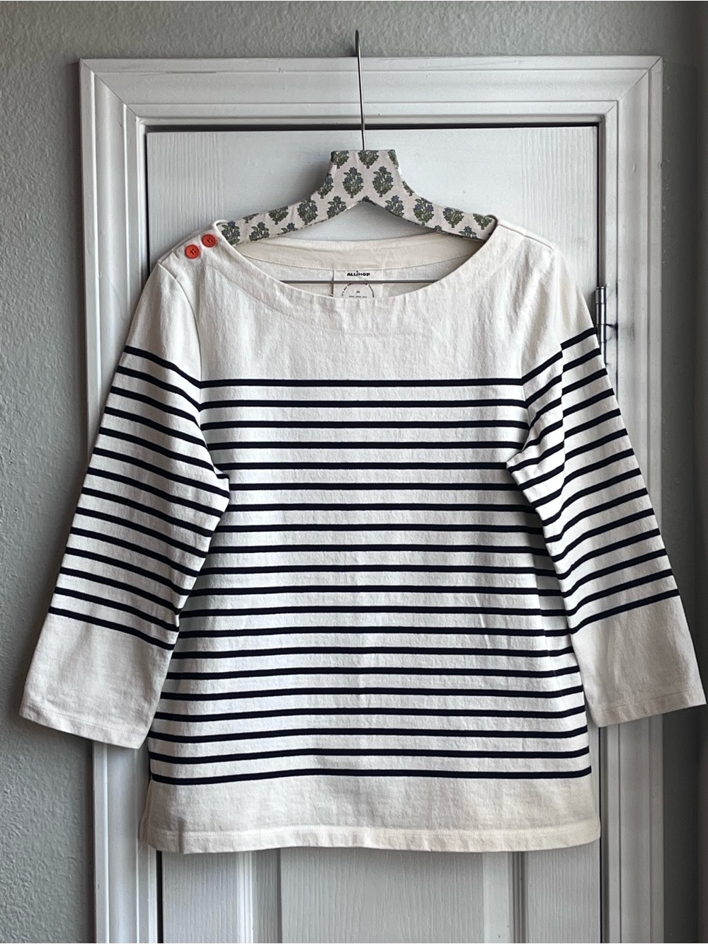 ALLIHOP Striped Boat Neck 3/4 Sleeve 100% Cotton Knit Top White Navy M